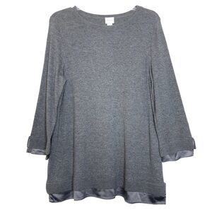 CHICO’S Size 2 Gray Cotton Blend Sweater w Satin Trim Standard Size Large 12/14